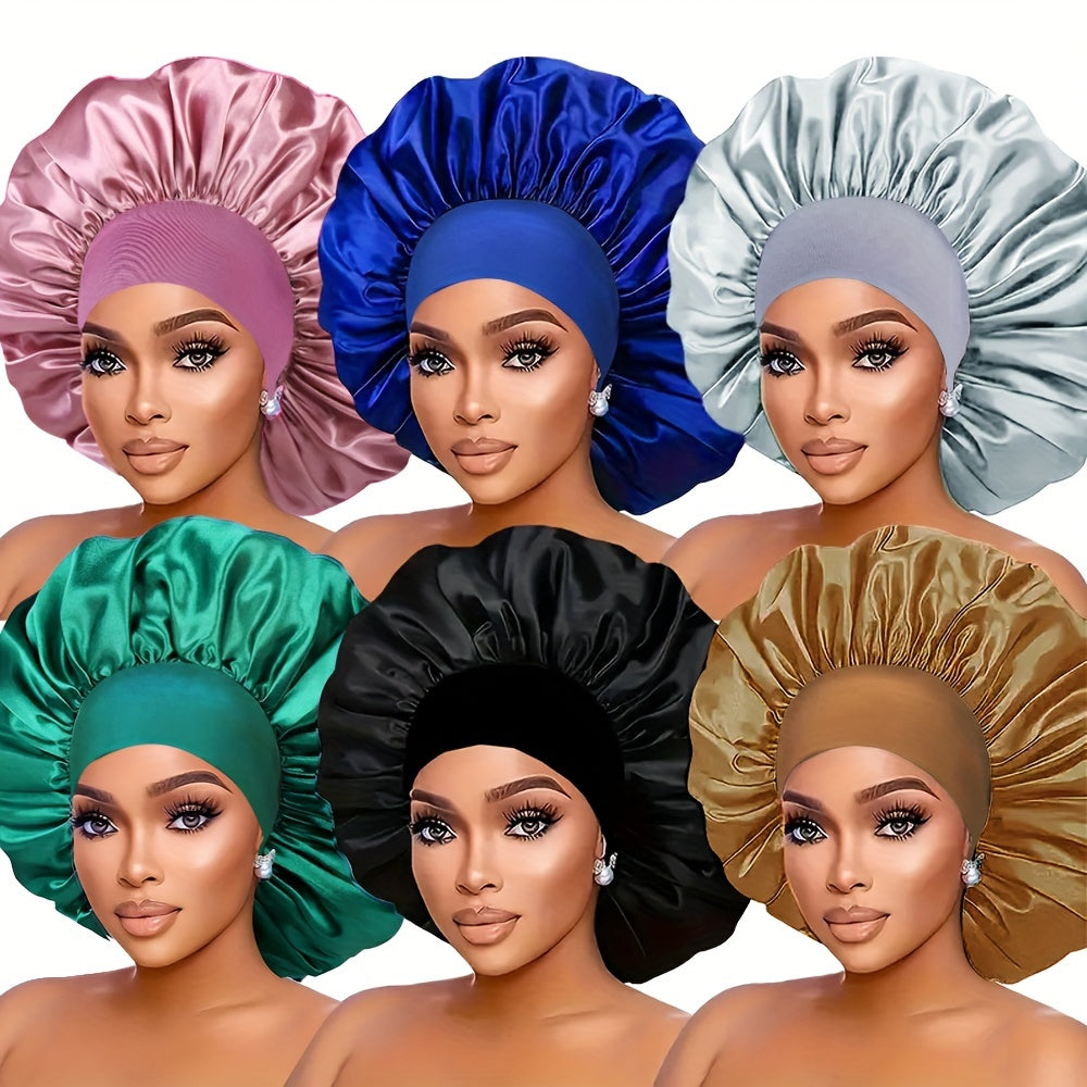 6-Pack Satin Bonnet Sleep Caps for Women - Elastic Wide Band Silky Hair Bonnets for Sleeping, Leisure, Sports - 100% Polyester Hair Protection Shower Cap Set for Curly & Straight Hair